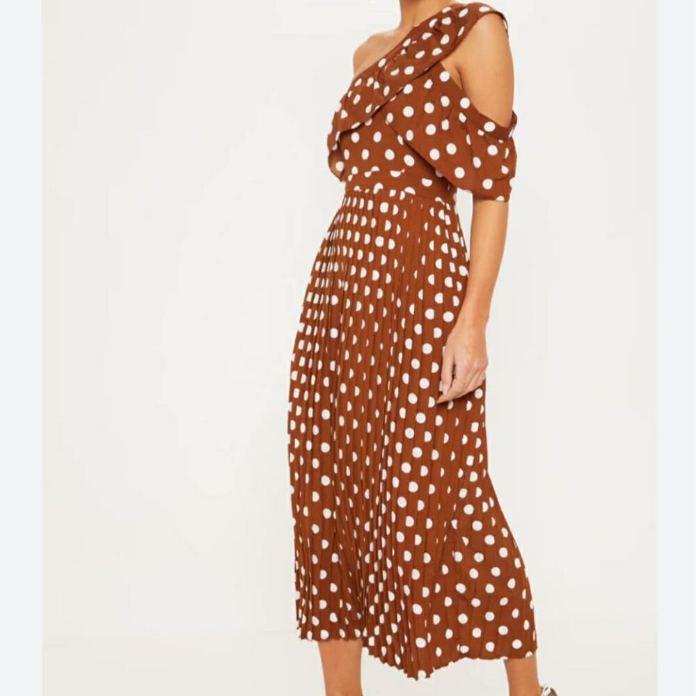 Chocolate Brown Polka Dot One Shoulder Ruffle Maxi Dress – Size 0